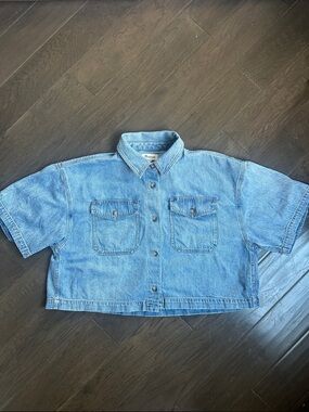 Madewell Light Blue Denim Cropped Short-Sleeve Button Down Shirt Size XXL